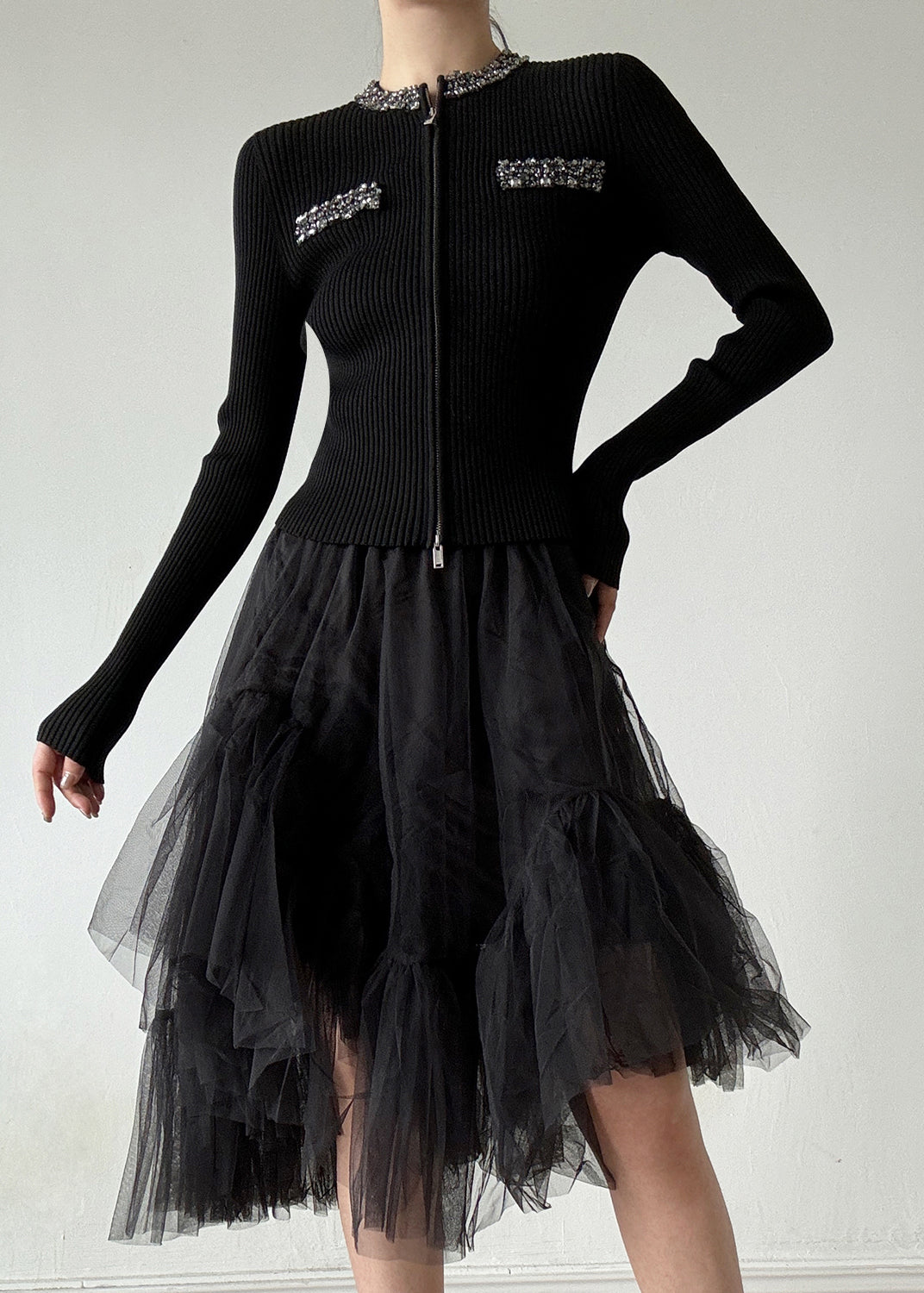 Stylish Black O-Neck Zip Up Zircon Wool Cardigans Spring TY003