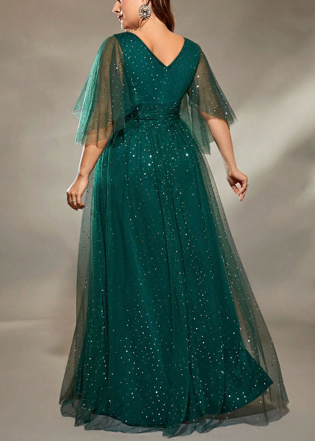 V Dresses Long Green Blackish Sequins Stylish Half Tulle Neck