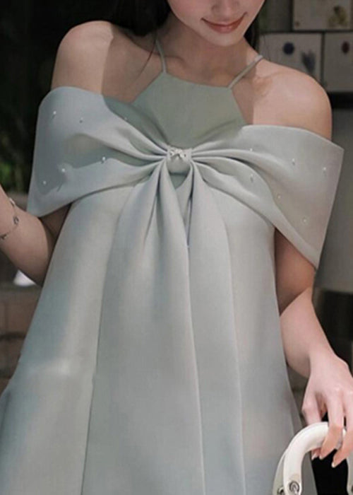 Shoulder Spaghetti Blue Summer Bow Dress Stylish Cold Strap
