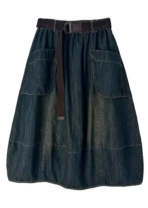 Blue Denim Elastic Skirts Stylish Waist Maxi Patchwork Pockets