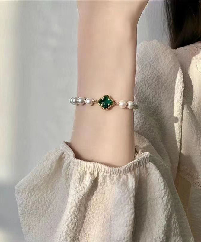 Silver Clover Pearl Overgild Charm Stylish Sterling Green