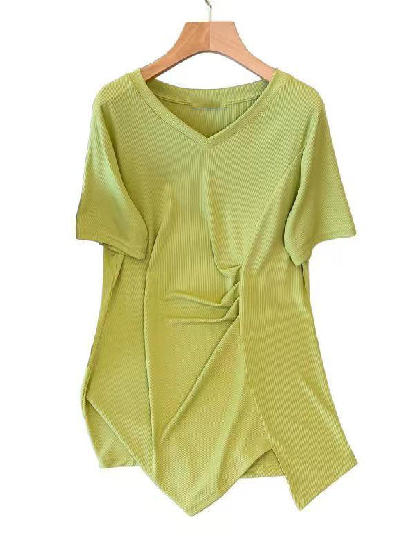 Stylish Green V Neck Asymmetrical Wrinkled Cotton T Shirt Top Summer AP042