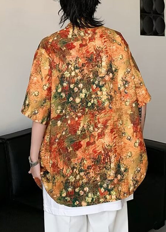 Orange Half Mens Sleeve Shirts Pockets Print Silk Stylish Ice