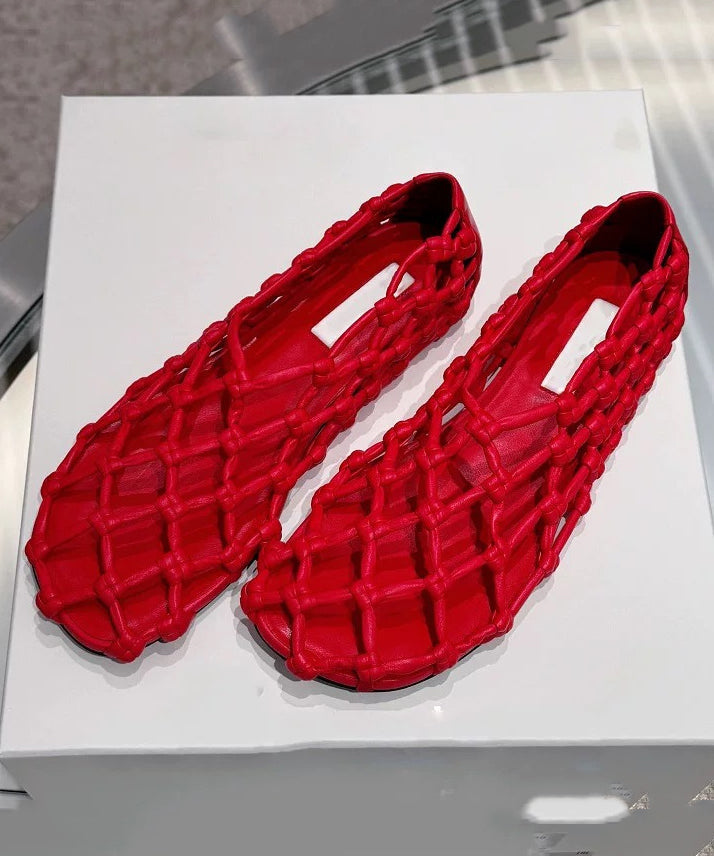 Stylish Walking Sandals Hollow Cowhide Splicing Red Out Leather