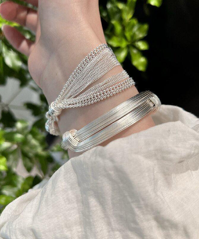 Two-Piece Stylish Silver Set Chain Bracelet Silk Sterling