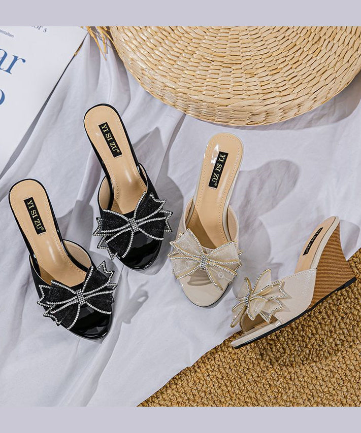 Stylish Peep Heels Sandals Toe Wedge Bow Splicing Black Slide