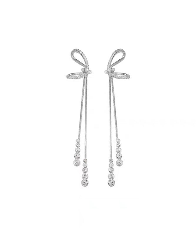 Stylish Sterling Silver Bow Tassel Drop Earrings QQ013