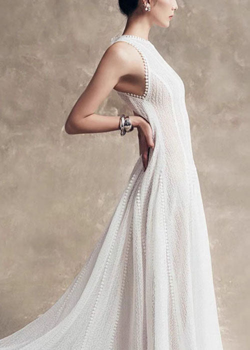 Solid Out Dress Party Hollow Lace Stylish White Sleeveless