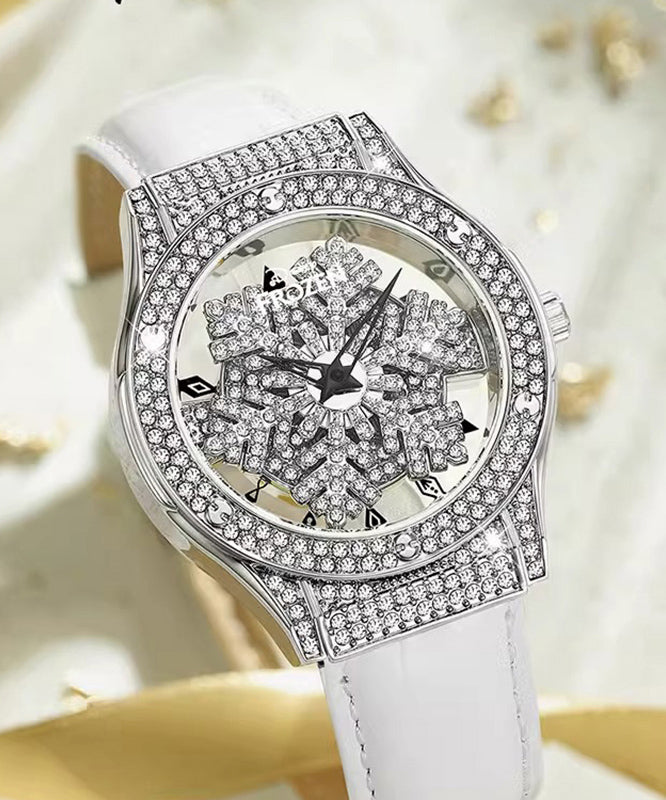 Waterproof Stylish Quartz Leather Zircon Watches Movement White