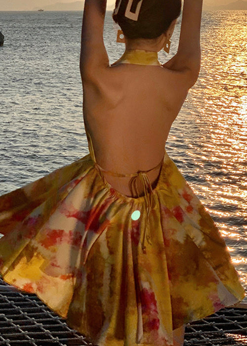 Chiffon Backless Yellow Print Up Lace Mini Dresses Stylish