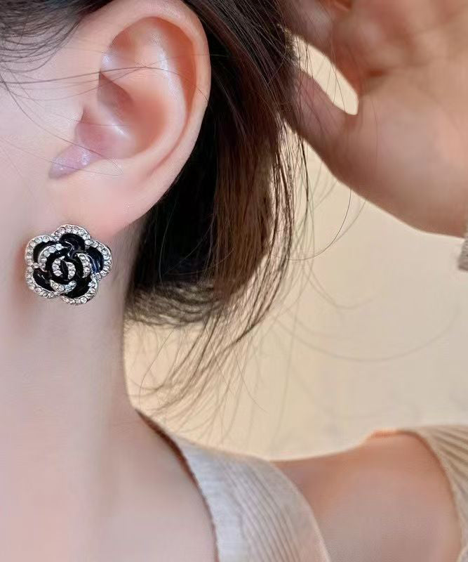 Silver Black Unique Overgild Stud Floral Earrings Srerling Zircon