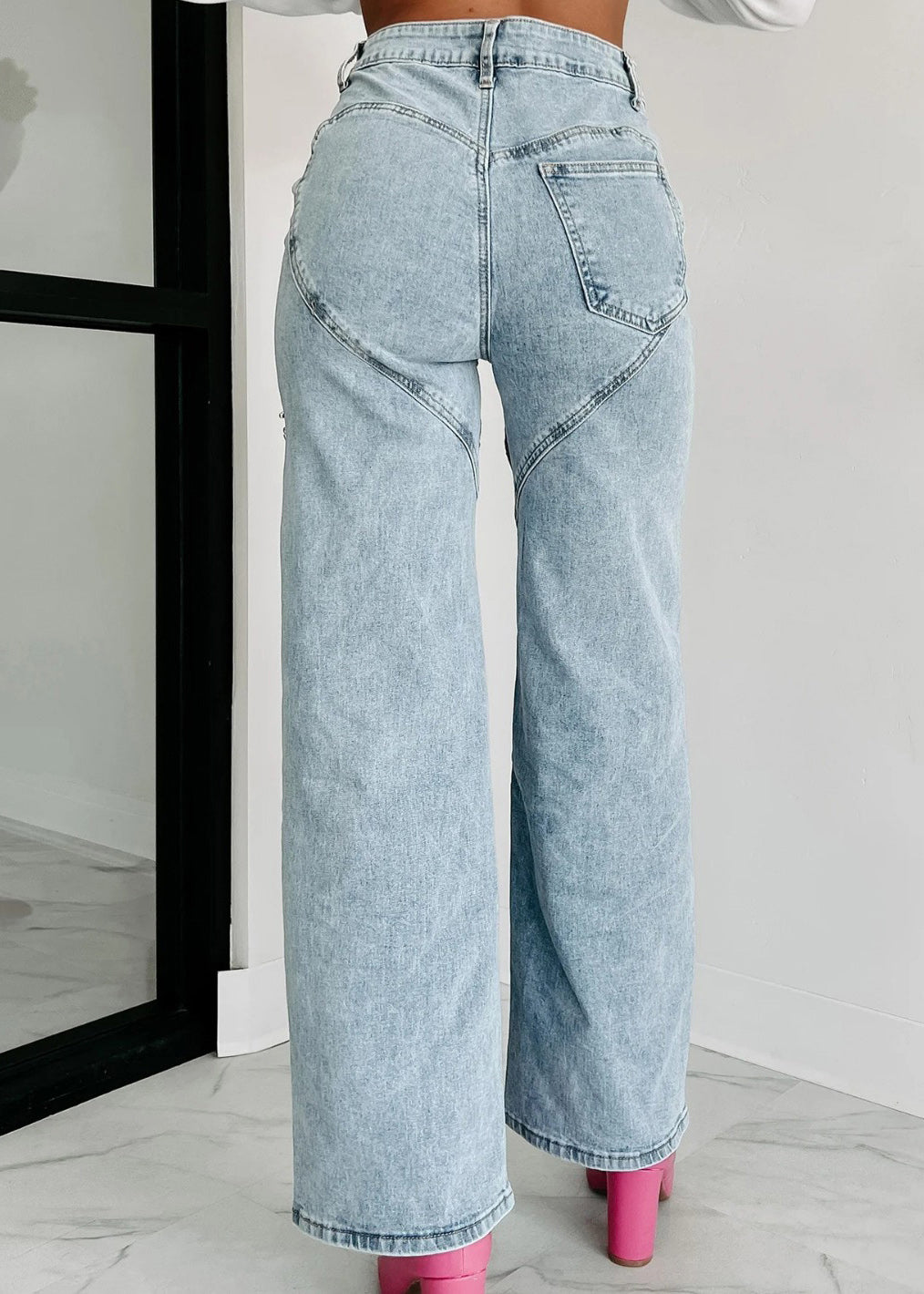 Unique Summer Straight High Waist Hole Blue Pockets Jeans