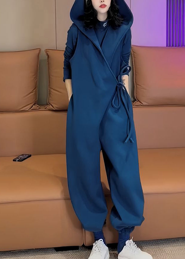 Unique Blue Hooded Lace Up Warm Fleece Jumpsuit Spring YY037