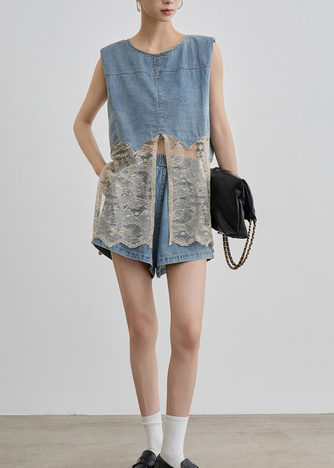 Two O Unique Pieces Blue Denim Lace Set Patchwork Neck Summer