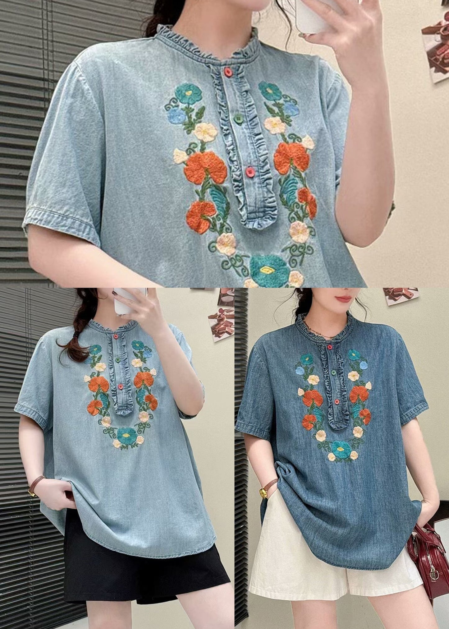 Summer Shirt Ruffled Unique Blue Embroidered Denim