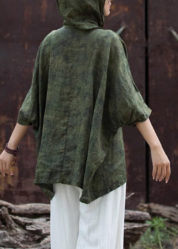 Vintage Blackish Green Print Button Hooded Top Summer AP031