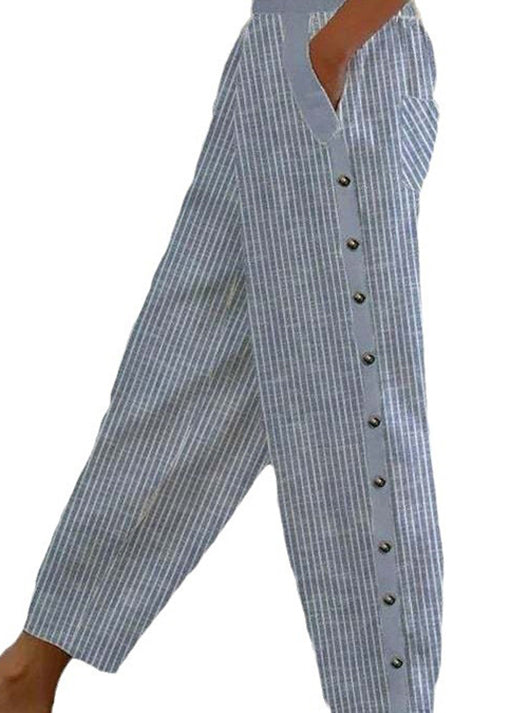 Vintage Blue Striped Pockets High Waist Cotton Crop Pants Summer QA028