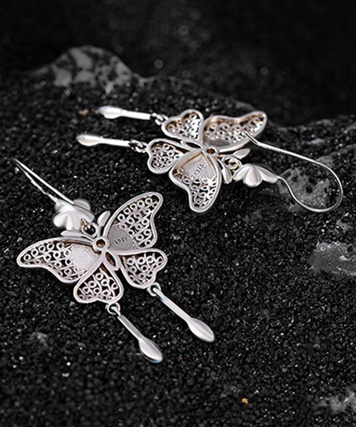 Vintage Boutique Blue Sterling Silver Butterfly Plum Blossom Tassel Drop Earrings QJ026