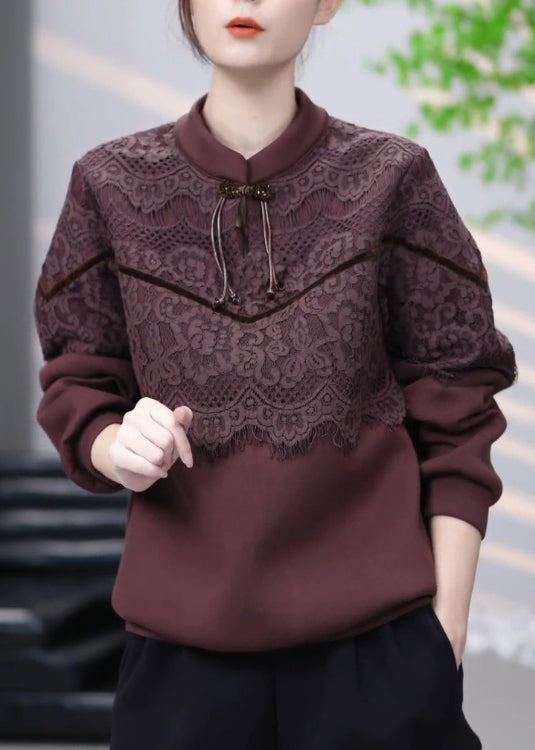 Vintage Brown Lace Patchwork Cotton Sweatshirt Winter RL001