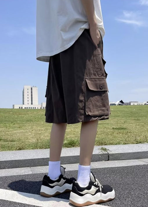 Cotton Shorts Waist Summer Vintage Pockets Brown Mens Elastic