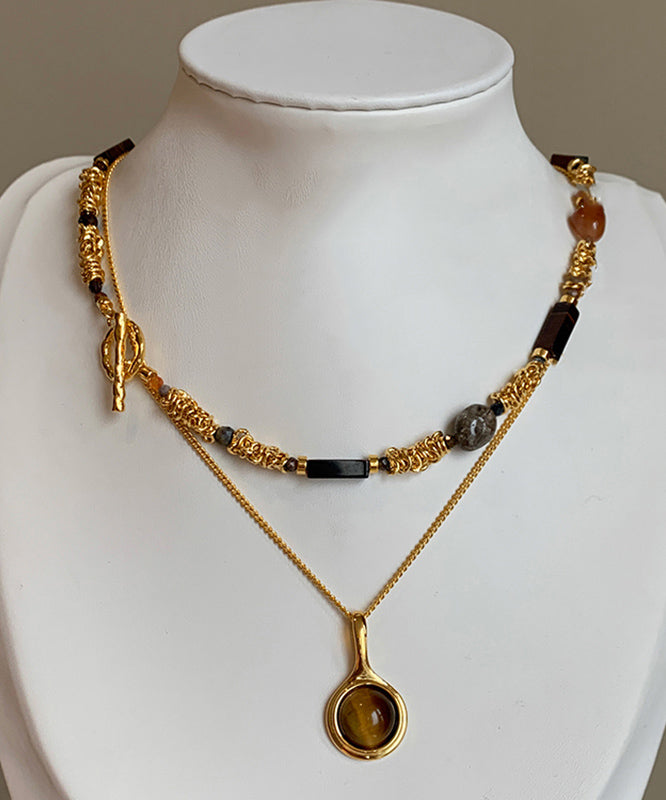 Vintage Set Beads Tiger's-Eye Overgild Two-Piece Copper Gold