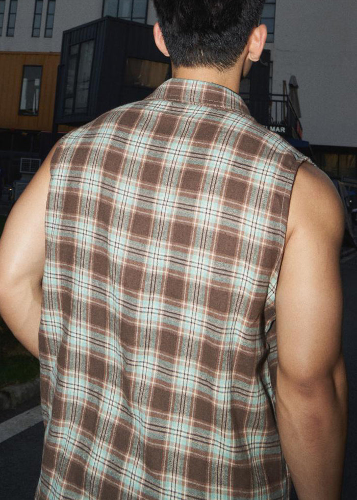 Pan Collar Peter Green Cotton Plaid Vintage Men Tank Sleeveless
