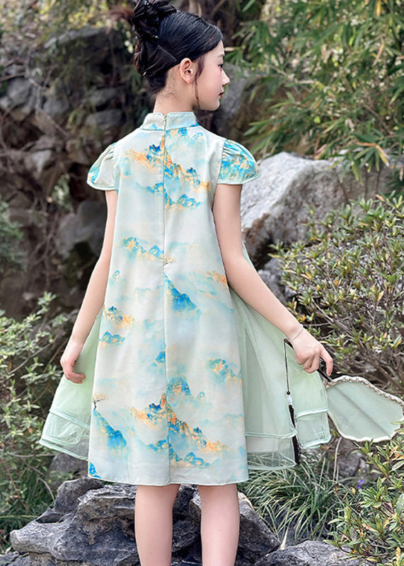 Vintage Green Print Chiffon Patchwork Kids Mid Dresses Short Sleeve MN029