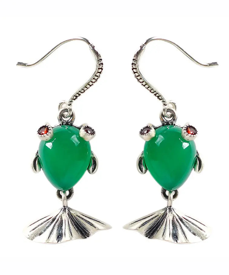 Vintage Green Sterling Silver Inlaid Gem Stone Chalcedony Goldfish Drop Earrings Ada Fashion