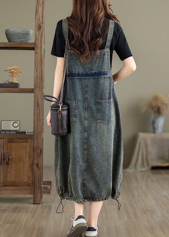 Vintage Grey Pockets Patchwork Drawstring Denim Maxi Dresses Summer UU042