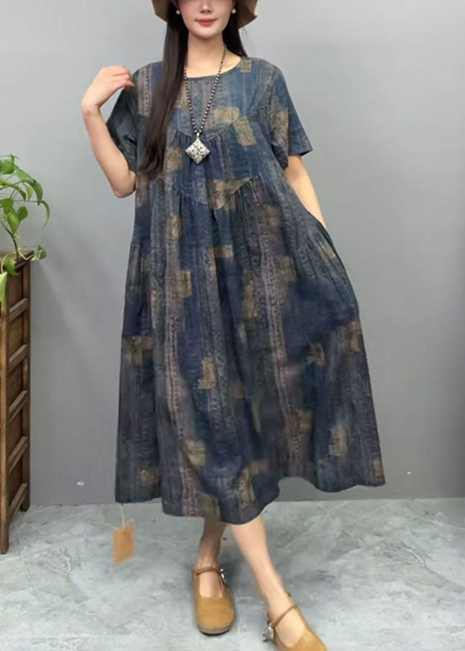 Summer Oversized Cotton Print Vintage Navy Dress