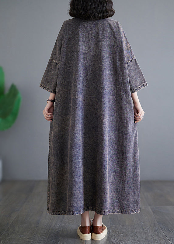 Vintage Patchwork Pockets Holiday Denim Long Dress Bracelet Sleeve GH1054