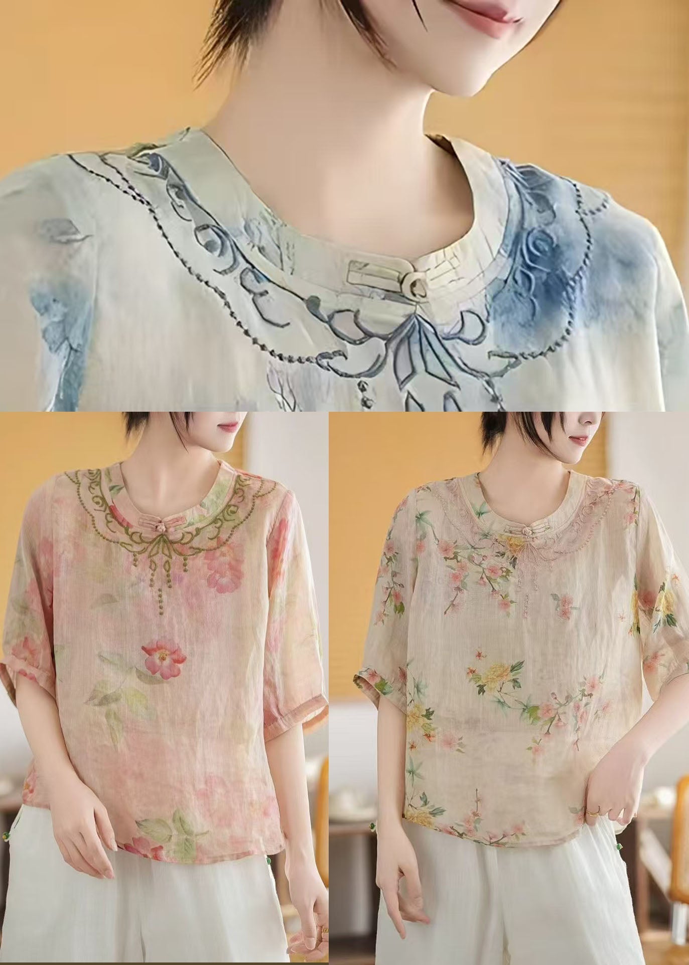 Summer Vintage Linen Chinese Top Pink Style Print