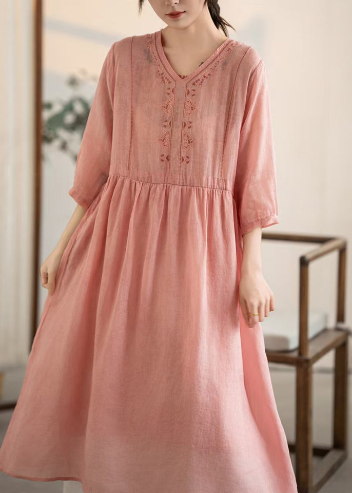 V Patchwork Vintage Pink Summer Dresses Linen Neck