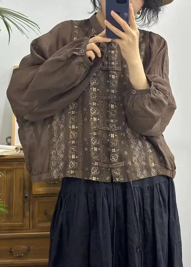 Vintage Red Button Print Patchwork Linen Shirts Long Sleeve Ada Fashion