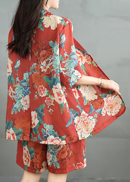 Red Print Two Cotton Half Vintage Pieces Sleeve Pockets Set