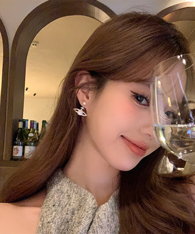 Vogue White Copper Zircon Pearl Planet Drop Earrings YX018