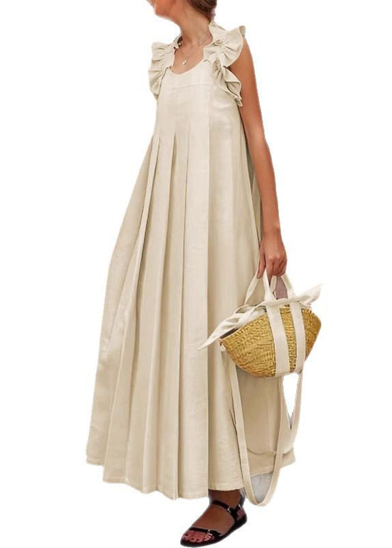 Sleeveless Apricot Cotton Long Ruffled Solid Women Dress