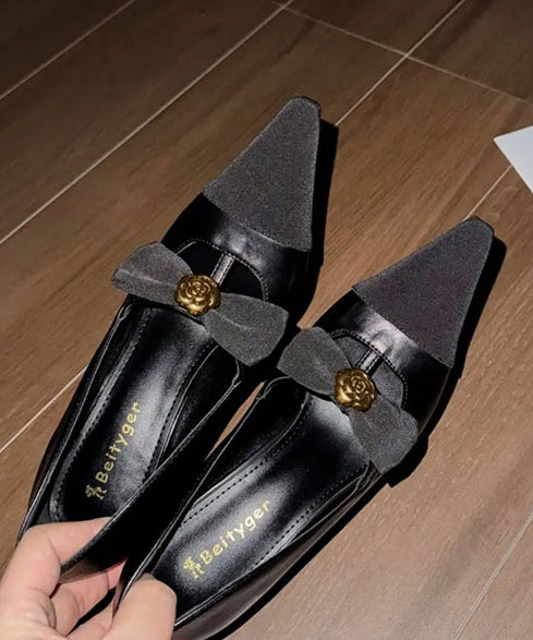 Sequined Black Women High Splicing Bow Heels Sheepskin