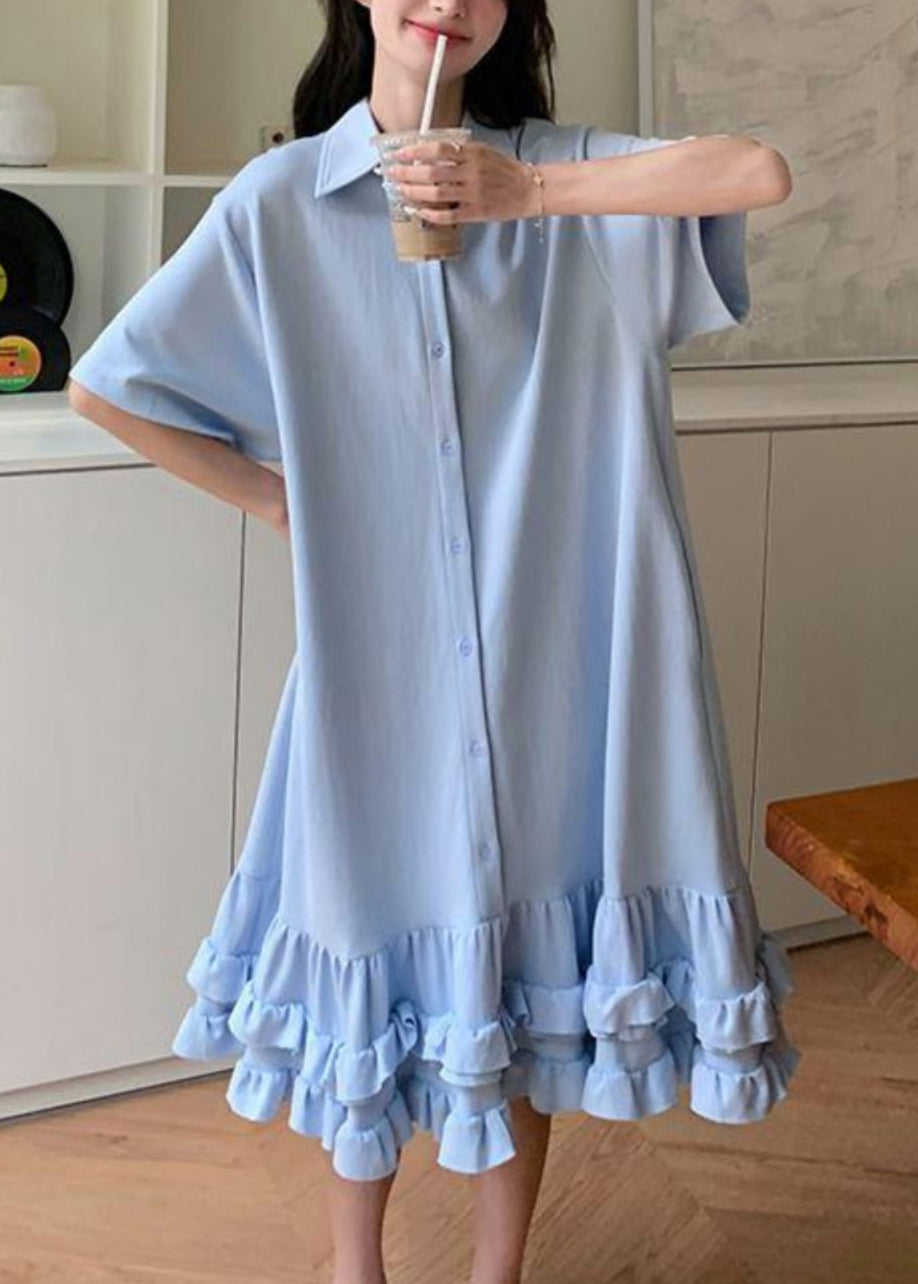 Pan Collar Blue Short Women Ruffled Peter Maxi Dress Patchwork