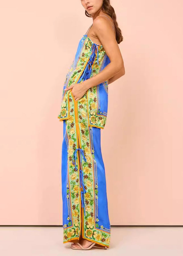 And Two Wide Tasseel Print Pants Women Top Leg Blue Patchwork