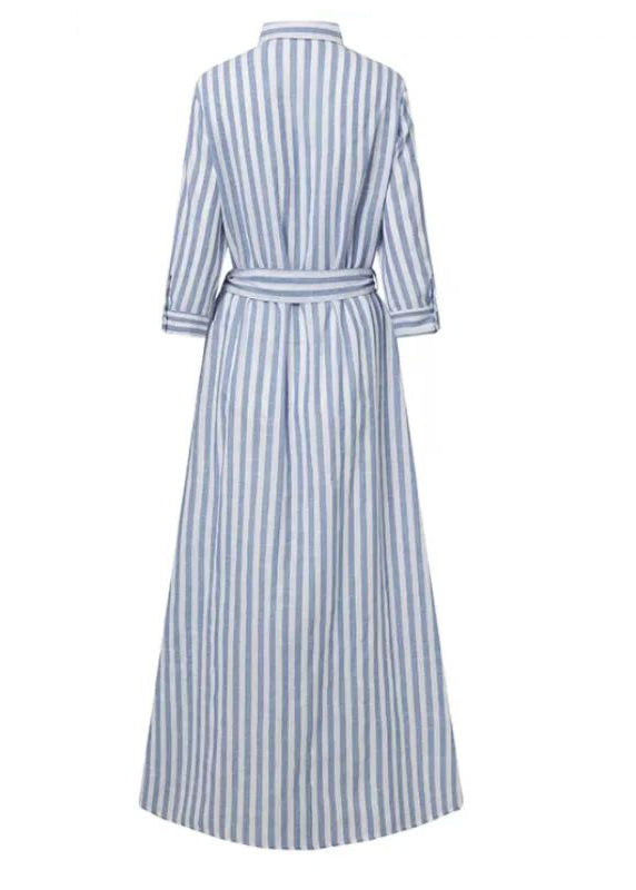 Blue Women Dress Shirt Summer Waist Striped Cotton Tie