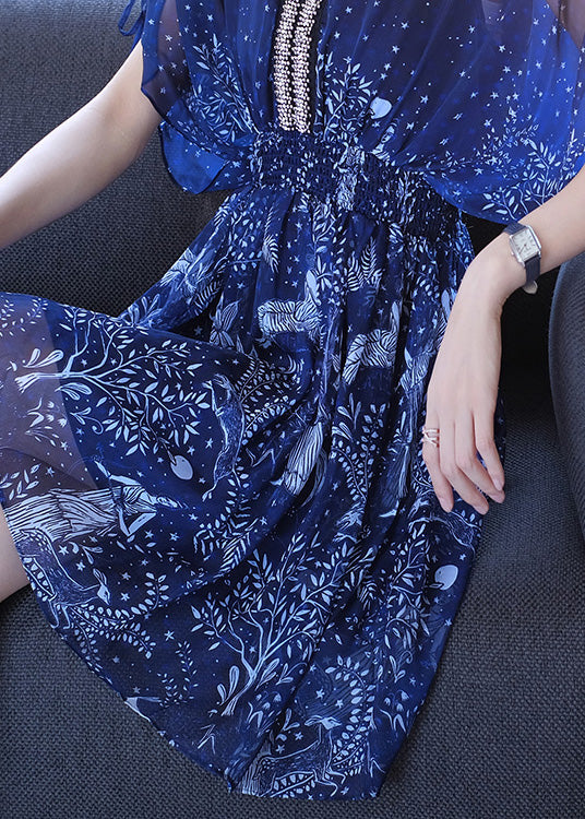 Nail Sleeve Bead Batwing Dresses Chiffon V Print Women Neck Blue
