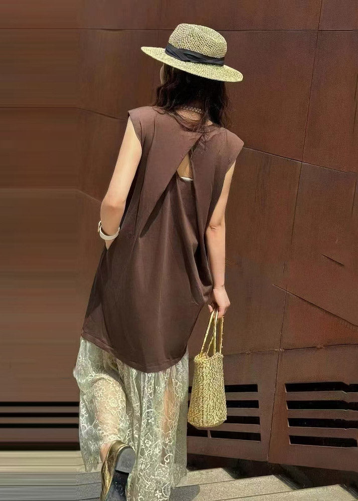 Brown Women Patchwork Lace Dresses Backless Straight Sleeveless