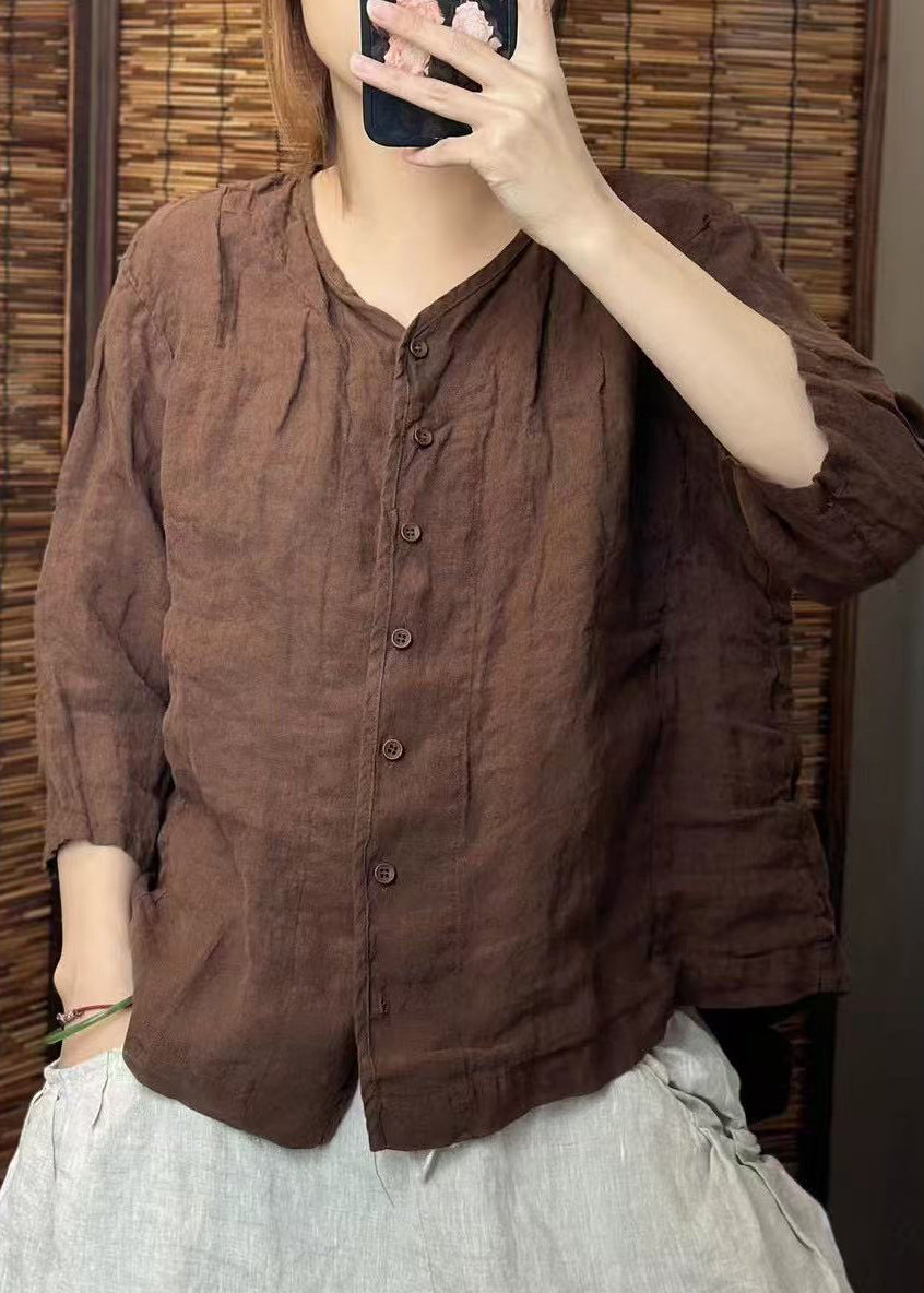 Summer Shirt Neck O Women Linen Button Green