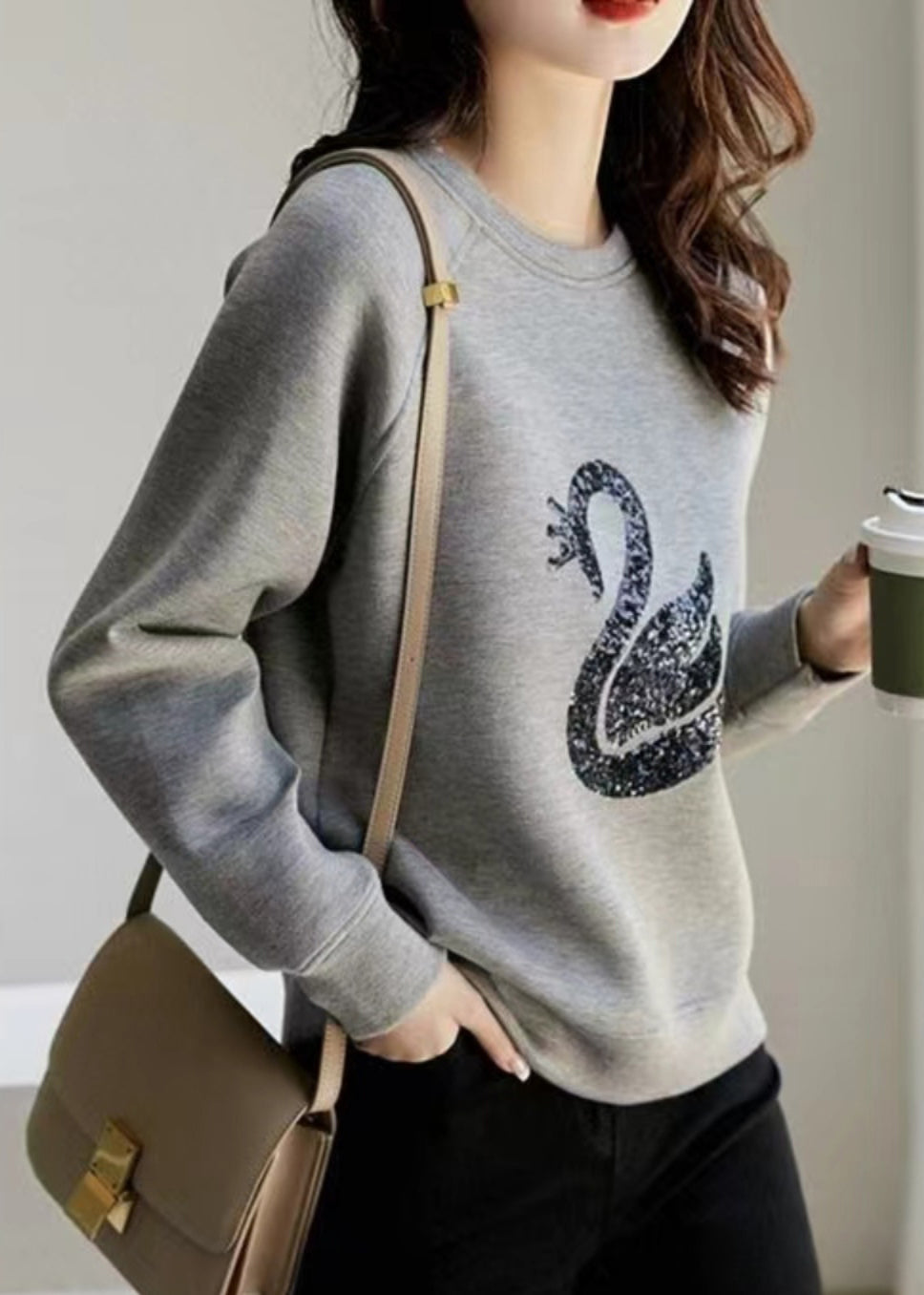 Women Sweatshirt Neck O Sequins Spring Grey Cotton