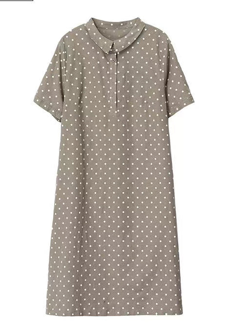 Women Dress Summer Work Peter Pan Dot Collar Print Khaki