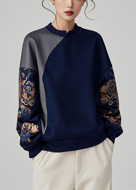 Women Navy Asymmetrical Patchwork Cotton Pullover Sweatshirt Spring YJ042