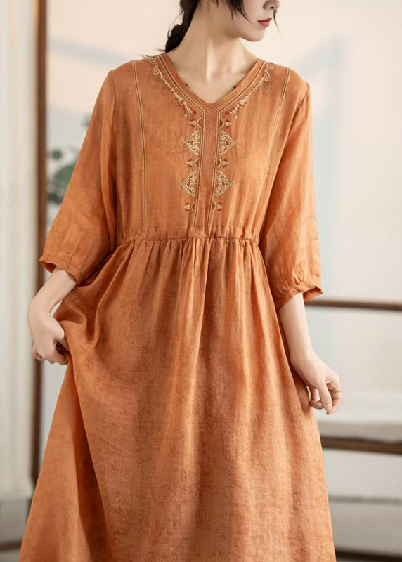 Women Summer Embroidered Orange Linen Patchwork Dresses