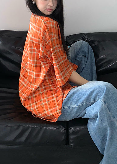 Top Orange Summer Plaid Women Oversized Cotton