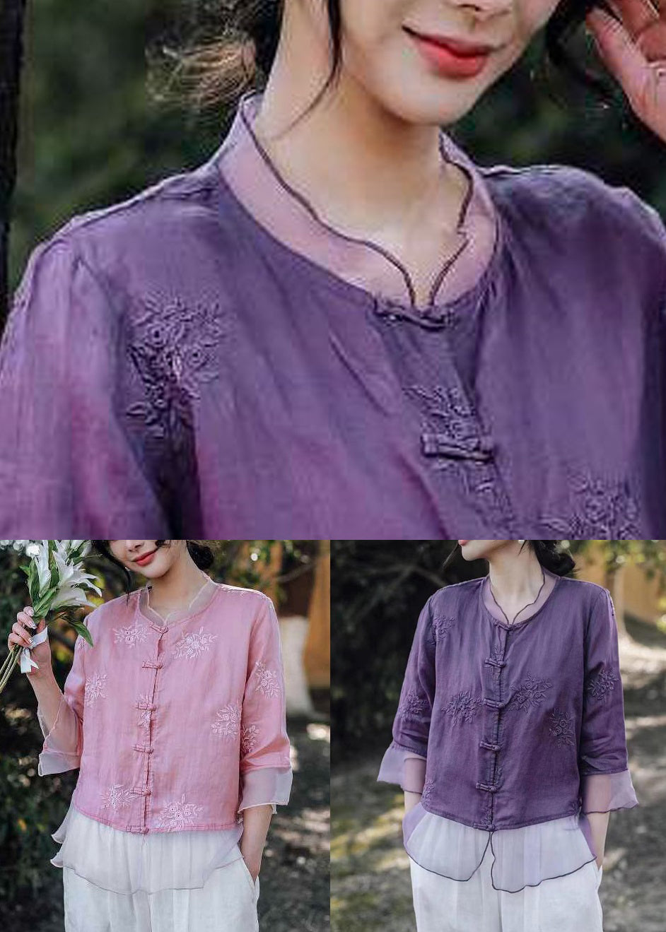 Women Pink Embroidered Button Linen Shirt Bracelet Sleeve LL006